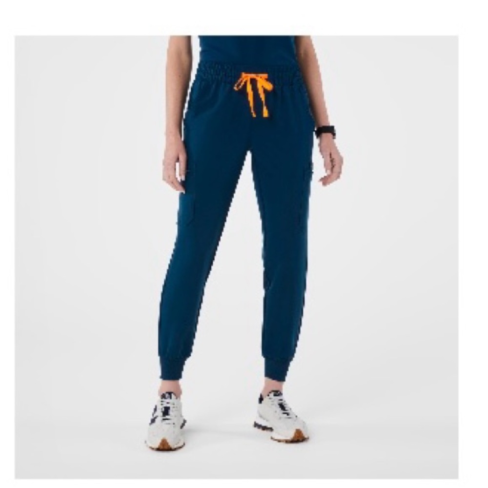 Blue Scrub Jogger Pants with Orange Drawstring and Tapered Ankle
